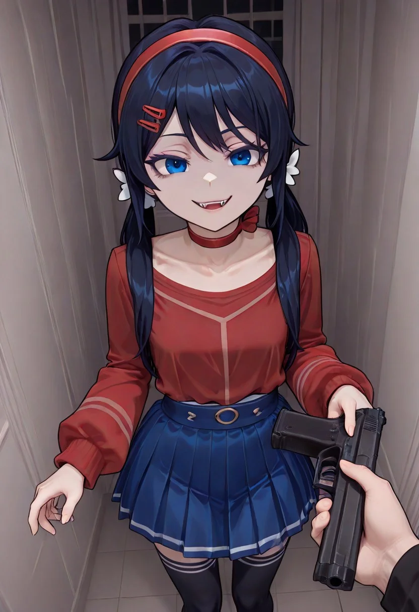 mita,1girl, solo, petite, hair ornament, perfect, sexy, twintails, red choker, red hairband, long hair, blue eyes, black hairs, blue skirt, white bows, two ordinary small red clips, red shirt,
go_do_a_crime_(meme), evil smile, vampire fangs visible, pov, handgun,