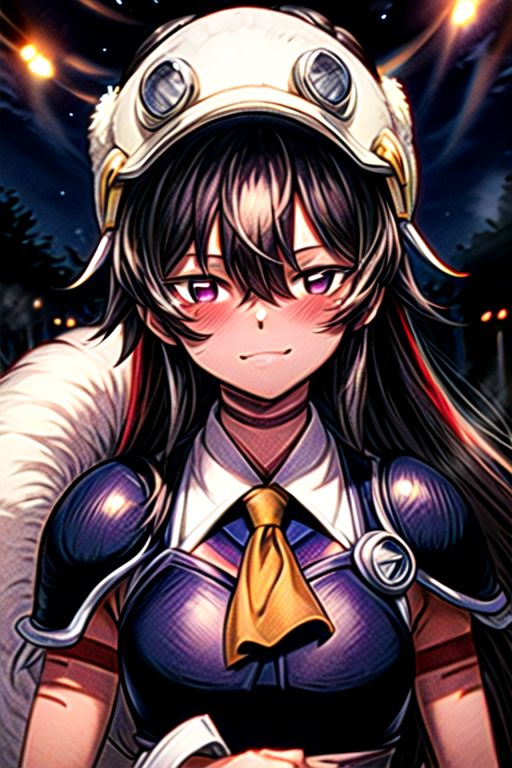 best quality 1girl Setsun4 solo long hair,  (night time) forest background black hair very long hair purple eyes multicolored hair armor, small, (fur trim) (medium body),<lora:EMS-179-EMS:0.800000>,<lora:EMS-293862-EMS:0.800000> bow, hair_bow, hair_tubes, red_bow, brown_hair, long_hair, bangs, ascot, frilled_bow, yellow_ascot, blush, smile, hair_between_eyes, athletic, armor, miko, strengthmda,  Smiling, happy, (helmet), Samurai Helmet
