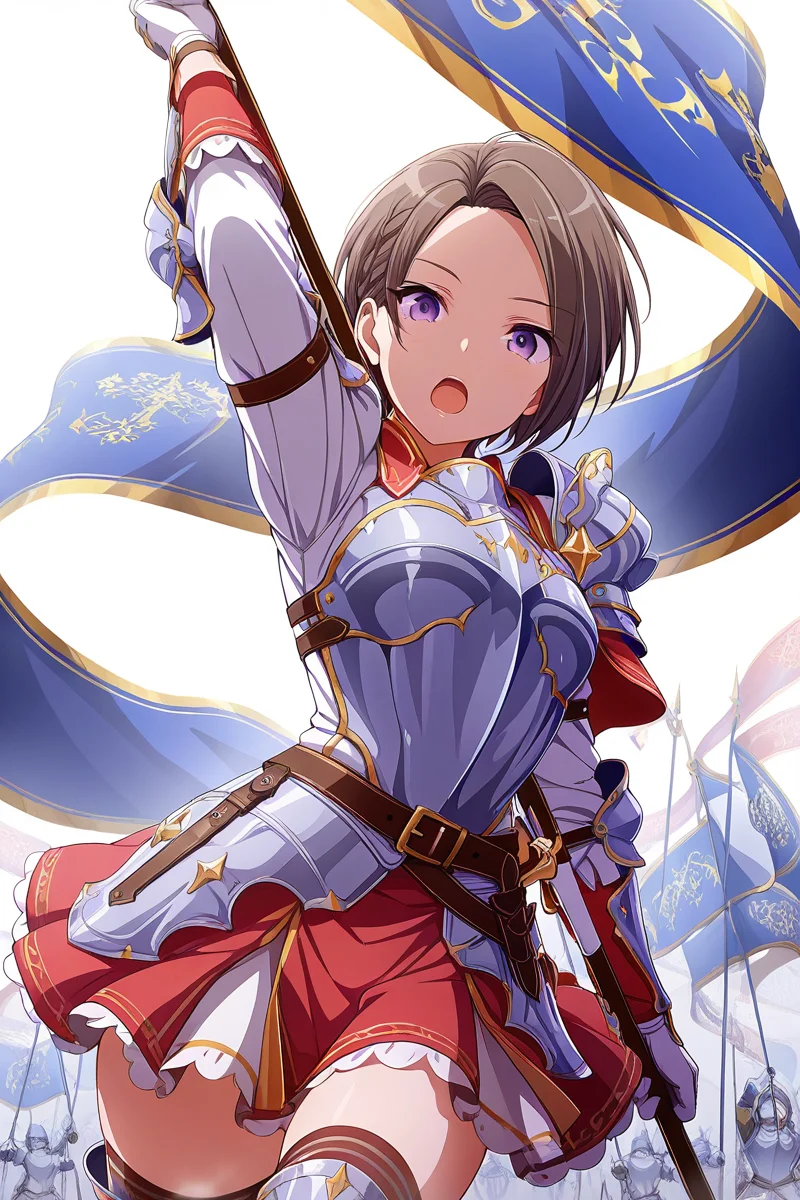 masterpiece, best quality, amazing quality,
<lora:Suzu_IL:1> suzu, 1girl, flag, purple eyes, short hair, solo, armor, banner, thighhighs, open mouth, weapon, gloves, skirt, belt, holding, flag, holding flag, arm up, brown hair, looking at viewer, long sleeves, white gloves, altsk