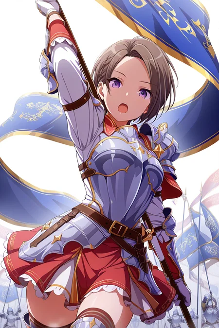 masterpiece, best quality, amazing quality,
<lora:Suzu_IL:1> suzu, 1girl, flag, purple eyes, short hair, solo, armor, banner, thighhighs, open mouth, weapon, gloves, skirt, belt, holding, flag, holding flag, arm up, brown hair, looking at viewer, long sleeves, white gloves, altsk