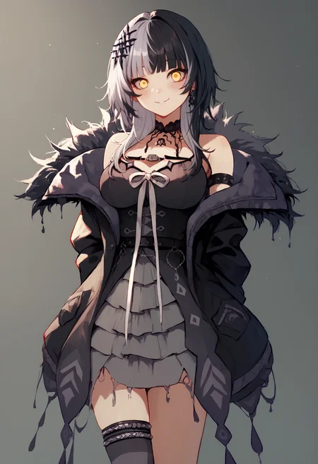 (score_9, score_8_up, score_7_up, score_6_up), best quality, source_anime BREAK, shiori novella, 1girl, shiori novella (1st costume), split-color hair, large breasts, black hair, multicolored hair, striped thighhighs, yellow eyes, grey hair, black dress, black choker, asymmetrical legwear, fur trim, striped clothes, black coat, single thighhigh, hair ornament, chest belt, black thighhighs, long hair, uneven legwear, two-tone hair, fur-trimmed coat, mismatched legwear, jacket, lace-trimmed choker, arm strap, fishnet socks, off shoulder, lace choker, single sock, sleeveless dress, lace trim, single kneehigh, black socks, arms behind back, smile, blush, <lora:Shiorinovella:1>
