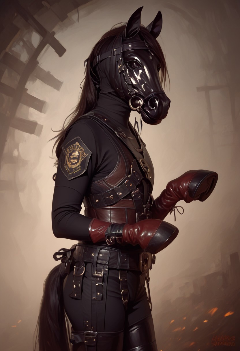 score_9, score_8_up, score_7_up, rating_safe, concept art, realistic, Fixhand.
1girl, solo,
HorseMask, Horse Mask, Leather mask, armor mask.
Black eyes, Hoof gloves, Hoof boots.