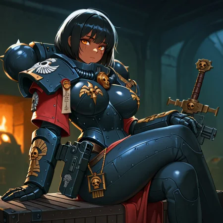 detailed background, high resolution, 1milf, solo female, Black hair, Short hair long bangs, dark skinned female, amber eyes, looking at viewer, focused stare, large breasts, depth of field, blurry background, armory, metal crates, gun racks, dark room, Warhammer-40k, Sororitas power armor, sitting, night, focus on female ,masterpiece, best quality, amazing quality, , battlesisterarmor,, body armor, pelvic curtain, shoulder pads, gauntlet, sheathed sword, holstered handgun, glossy skin, face in focus, highly detailed skin, anime, face scar, bltgun bolter weapon, pants, legs crossed, reloading weapon