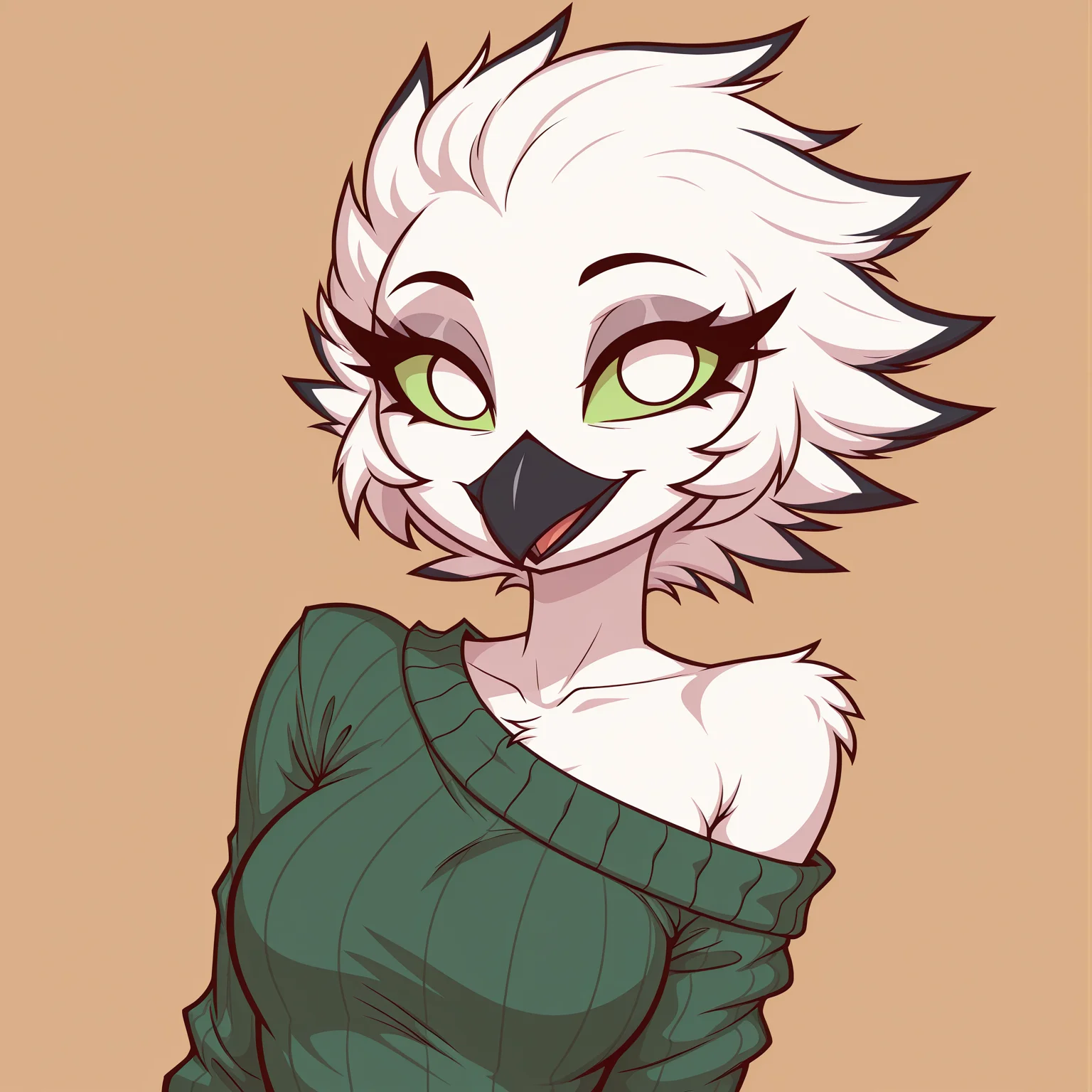 masterpiece, best quality, lw88, 1girl, bird girl, looking at viewer, beak, no pupils, white eyes, green sclera, white fur, furry, feathers, sweater, single bare shoulder, white feathers