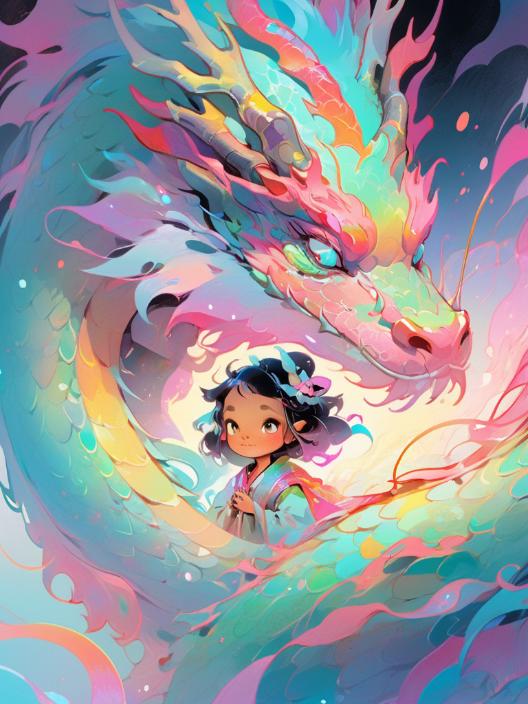 1 eastrn dragon surrounds the little girl,colorful,Symphony,shiny and glossy,bright color,brian kesinger,luminous color palette,Bright color combination,in the style of psychedelic manga,cyan and pink style,lridescent,<lora:Symphony_dragon:1>,