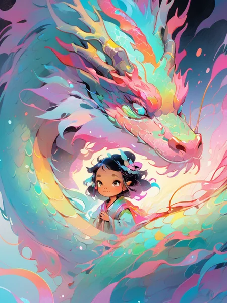 1 eastrn dragon surrounds the little girl,colorful,Symphony,shiny and glossy,bright color,brian kesinger,luminous color palette,Bright color combination,in the style of psychedelic manga,cyan and pink style,lridescent,<lora:Symphony_dragon:1>,