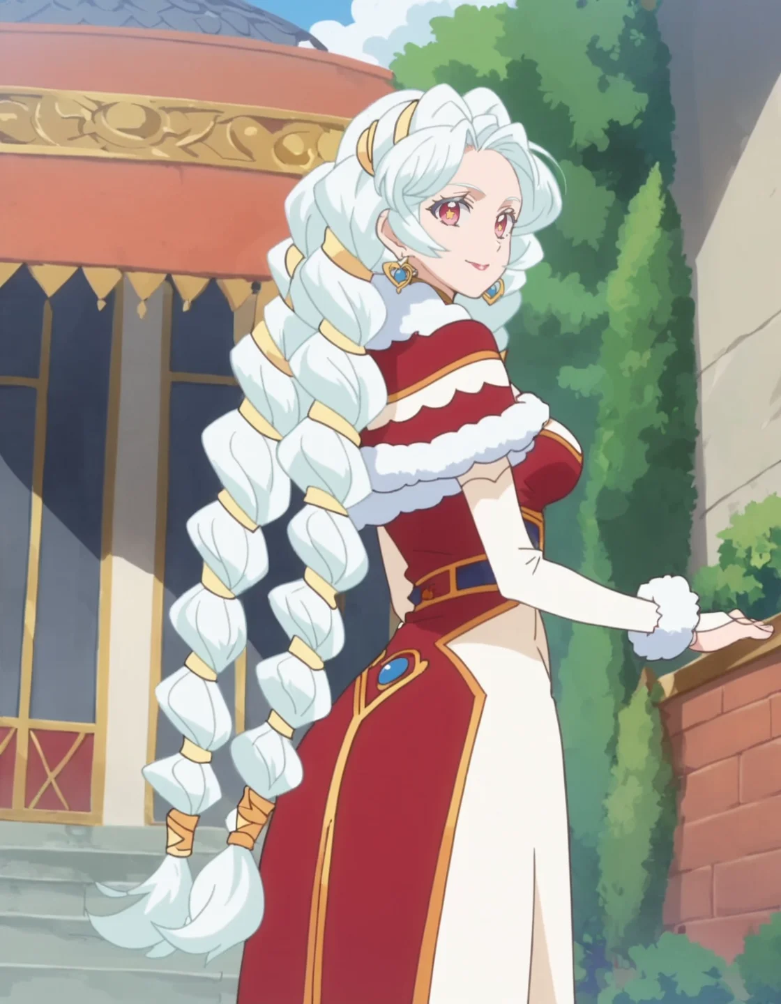 score_9, score_8_up, score_7_up, anime screencap, solo,1girl,sharon,white hair, smile,  jewelry,hair onament, flower,  looking at viewer, dress,  earrings,braid, capelet, fur trim, twin braids,medium breasts,cowboy shot,from behind <lora:sharon_pony:0.8>