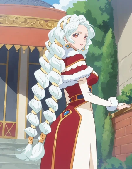 score_9, score_8_up, score_7_up, anime screencap, solo,1girl,sharon,white hair, smile,  jewelry,hair onament, flower,  looking at viewer, dress,  earrings,braid, capelet, fur trim, twin braids,medium breasts,cowboy shot,from behind <lora:sharon_pony:0.8>