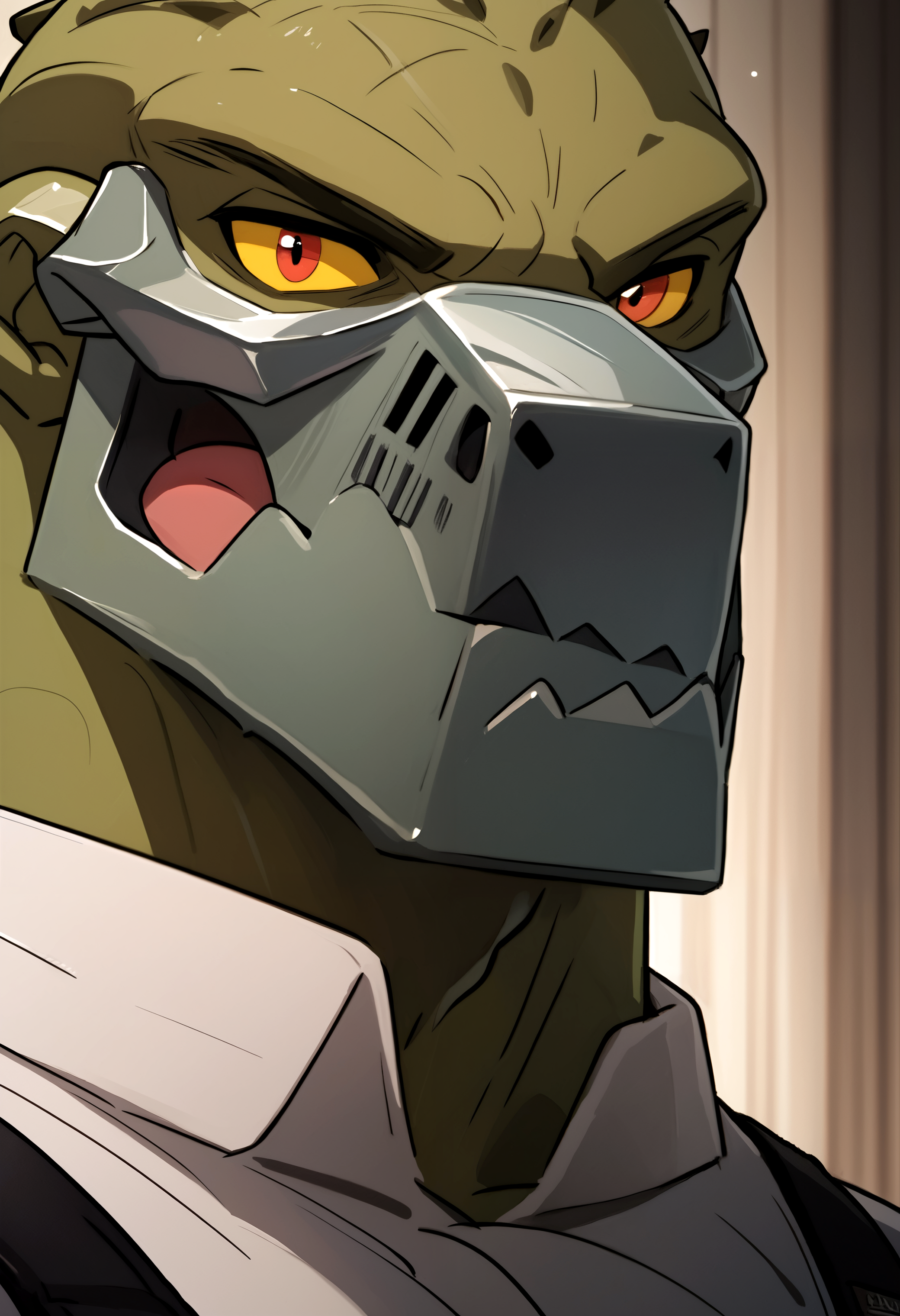 score_9, score_8_up, score_7_up, 8k, detailed design, detailed background, detailed characters, masterpiece, anthro only, furry only, 1boy, solo,  <lora:Gator-000002>, gator, yellow sclera, green skin, mask, muscular, slit pupils, crocodilian, muscular male, close up, angry, pink shirt, suspenders, bed, inside,