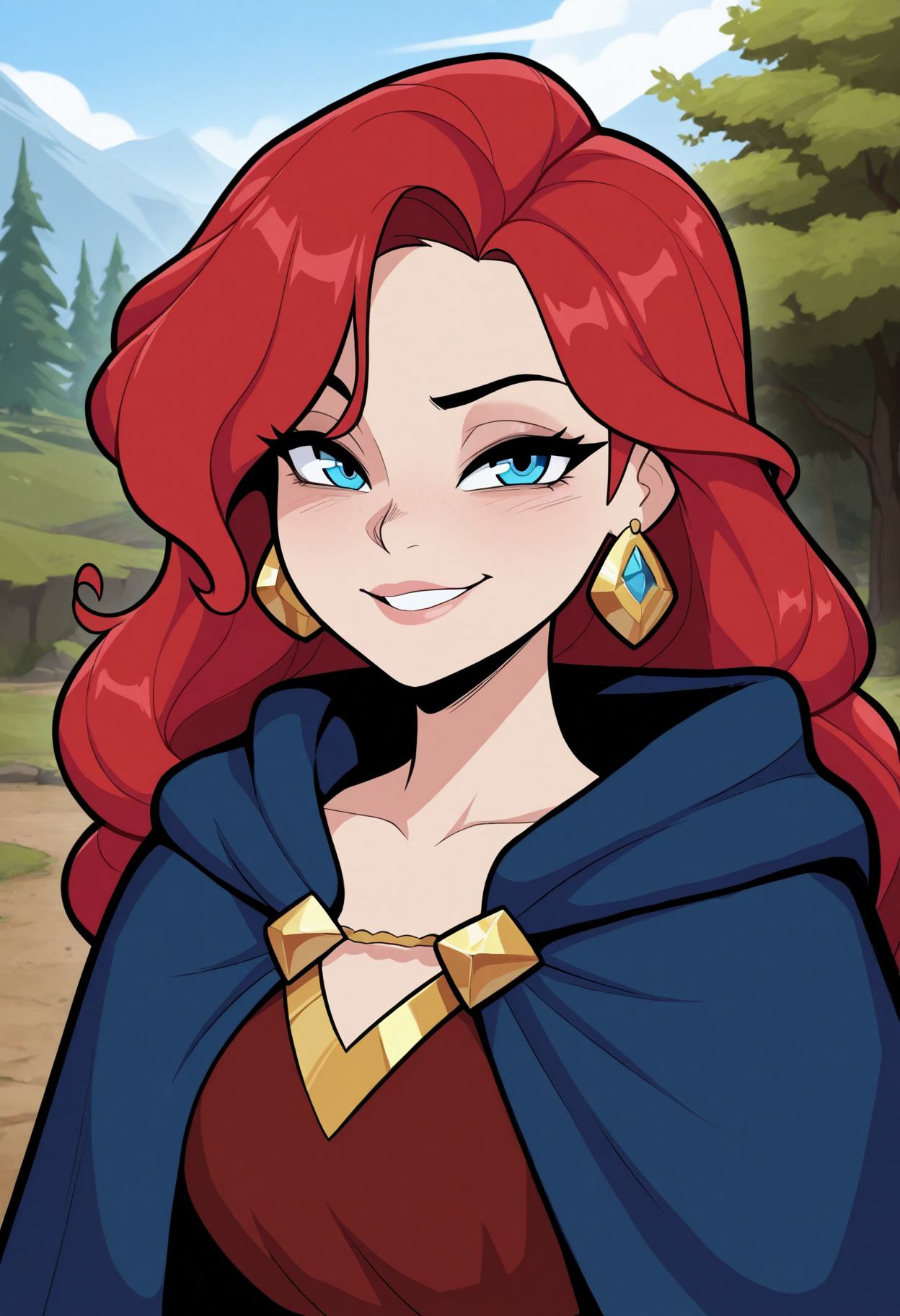 masterpiece, best quality, amazing quality, necrodancerStyle  <lora:necrodancerStyle_illustrious_byJaneB:1>,
1girl, female, solo, portrait, female focus, red hair, blue eyes, long hair, light skin, smile, looking at viewer, outdoors, beautiful, blue cloak with gold trimming, earrings, green trees