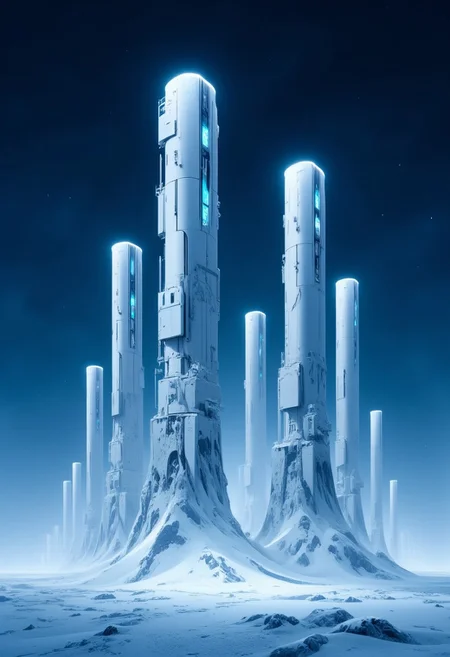 Inkpunk Anime, abstract monochromatic image in blue and white, with bold, angular lines. colossal ceramic sci-fi white towers on a field of ice and snow, piercing the evening mist. The snow at the base of the towers is untouched, forming pristine, sparkling blankets, while the top of each tower shimmers with a slight frost that has settled on the steel. The station's lights are a soft blue, contrasting gently with the whiteness of the structures. In the distance, other white towers fade toward the horizon, creating a sense of endlessness. Dark blue night sky