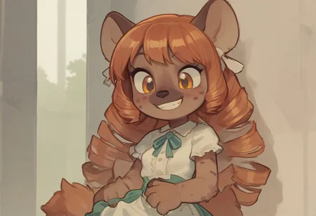 chibi
Art by Phallusbro[STYLE], Phallusbro[STYLE], furry, furry art, Cartoony, Cartoon like, cutesy style,
csr style, fcNeg, updn,
NEGATIVE_HANDS, 
HD, digital painting, painting, digital art, digital media (artwork), hi res, (uploaded on e621:1.1), best quality, highly detailed, intricate details, extremely detailed, perfect hands, negative_hand, detailed, clean lines, Shaded, painted,
game CG, official art, score_9, score_8_up, score_7_up, score_6_up, score_5_up, score_4_up. 
yuri, animalistic features, smiling, grin,
1 girl, hyena anthro, fluffy, cute, ruffled dress, ribbons, frills, frilly dress, fluffy tail, hyena tail, yellow eyes, glowing eyes, long hair ,tan body, tan fur, brown fur, brown body. clothed. dress, mega twin drills