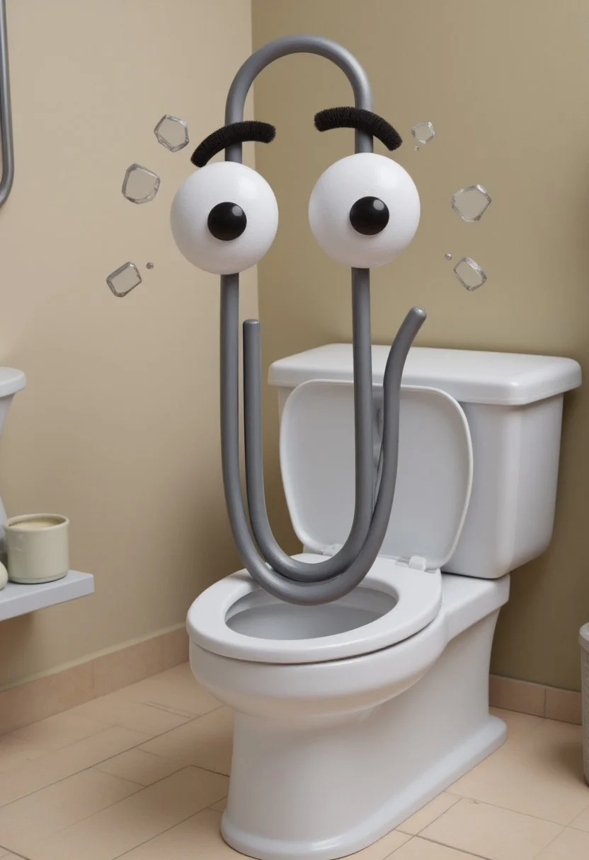 clippy paperclip, crying, in the bathroom by a toilet