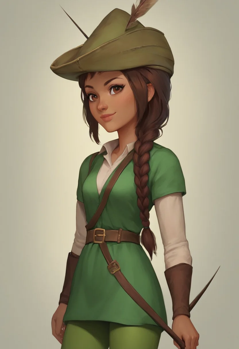 score_9, score_8_up, score_7_up, 1girl, solo,  carol_of_the_arrow, brown hair, brown eyes, dark skin, braid, long hair, belt, hat, green tunic, green tights, dynamic posing, dynamic angle, looking at viewer, light smile, simple background