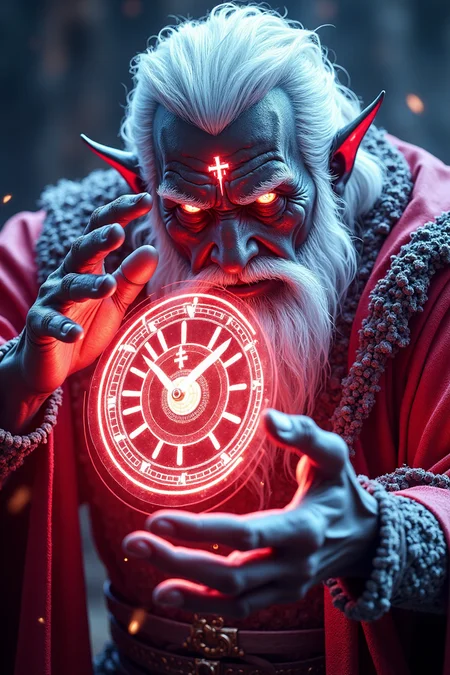 A cinematic shot of an ancient powerfull black devil, glowing red symbols on his face. The demon got black skin and is casting a red magical time spell that resembles a floating clock, dungeon in background, hkchrono <lora:ChronoDivinitiesFlux_r1:0.85> <lora:FluxMythP0rtr4itStyle:0.8>