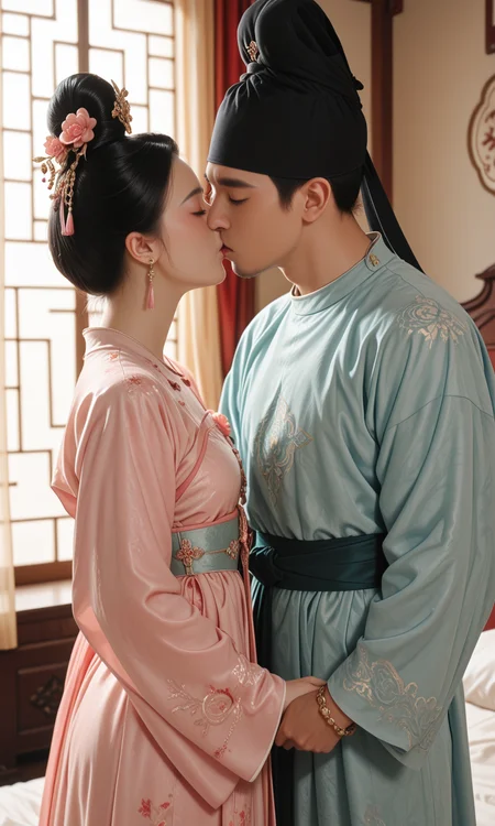 Top photography works, masterpiece, best quality, newest, absurdres, highres,
(gsfh, 1girl and 1boy, kiss, couple, hetero, lyz and lc, lyz at left, lc at right),
(1girl/lyz, princess, hanfu, bracelet, closed eyes, long sleeves, single hair bun, earrings, chinese clothes, black hair, hair bun, flower, hair ornament, jewelry),
(1boy/lc, Round-collar robe, hat, hanfu),
architecture, bed, curtain, close-up,
masterpiece, best quality, amazing quality, very aesthetic, absurdres, newest, haute couture,
light from one side, dark shadow,
