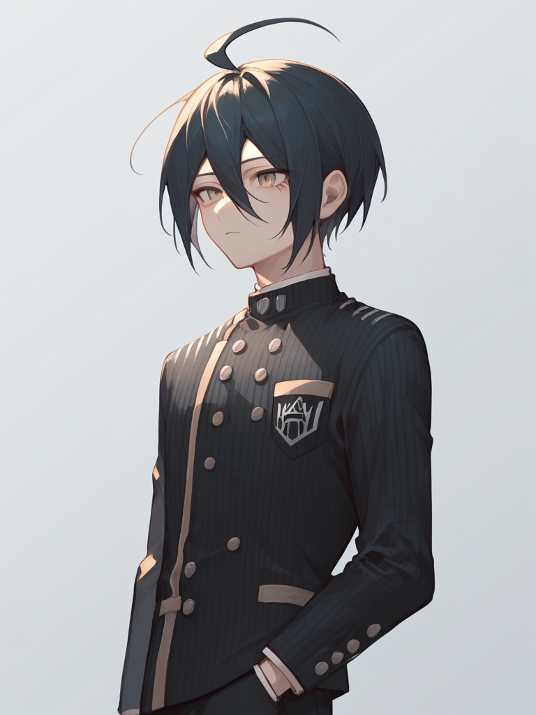 score_9,score_8_up,score_7_up,<lora:danganronpa_all:1>,1boy, character: saihara shuichi, solo, grey background, simple background, male focus, brown eyes, hair between eyes, black hair, short hair, ahoge, breast pocket, black jacket, striped clothes, striped jacket, highres, double-breasted