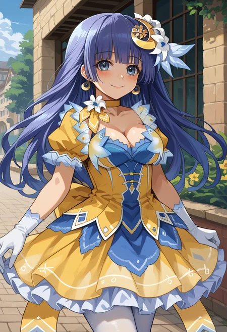score_9, score_8_up, source_anime, 1girl, solo, IzayoiAstralDress, long hair, crescent hair ornament, hair flower, earrings, yellow choker, flower choker, multicolored dress, yellow dress, blue dress, frilled dress, cleavage, puffy short sleeves, elbow gloves, white gloves, white pantyhose, outdoors, smile, blush, <lora:ChamMikuIzayoiPonyXL:1>