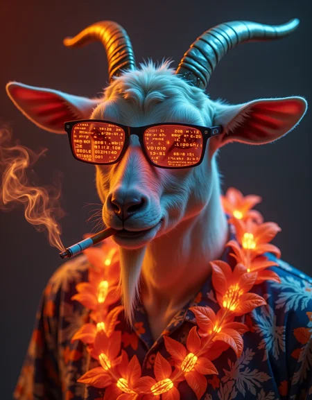 A glitching holographic goat flickers between digital and organic textures, its glasses projecting AR data streams in neon orange. The lei is woven from bioluminescent algae, and the Hawaiian shirtâs pixels shift between tropical prints and circuit-board patterns. A cybernetic cigarette dispenses nano-smoke that forms binary code, while the warm background dissolves into a grid of flickering LEDs. A corrupted golden ratio fractures the composition, balancing tech-augmented fur details with chaotic neon shadows.
_________
dramatic beauty, otherworldly quality, soft lighting, shallow depth of field, high detail, dynamic composition, cinematic shot, film grain, balanced shadows, harmonic colors, emotional depth, symbolic meaning, innovative props/costumes, timeless elegance, modern themes, iconic imagery, unforgettable moment, captivating beauty, stunning impact, thought-provoking, artistic vision, masterful execution.
<lora:cheats:0.4> <lora:NOOB_vp1_detailer_by_volnovik_v1:0.5> <lora:- Flux1 - soothing_atmo_V2.0:0.1>