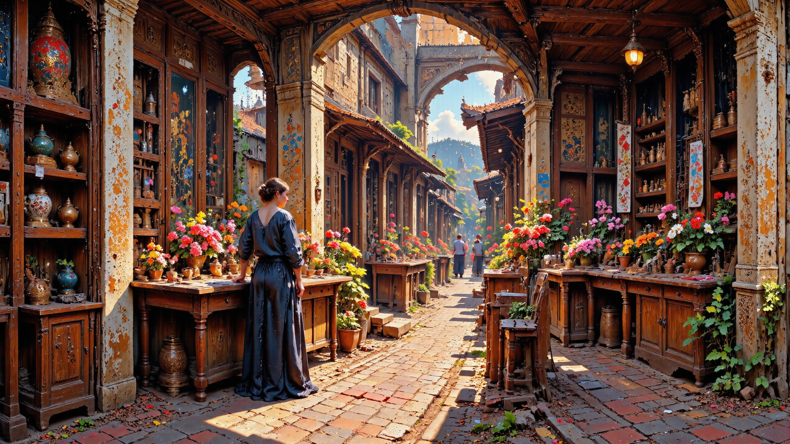 (flower shop),  beautiful Mauritanian fantasy landscape,  day, woman, intricate, very detailed, sharp, colorful, <lora:Hand v2:1> <lora:Anti-Blur:1> <lora:Insane Detail Slider:0.5>   <lora:Flux.1_Turbo_Detailer:0.6> <lora:flux-photo-transparent_Alpha_1.0:0.8> <lora:flux.1_lora_flyway_Epic-detail_v2:0.6> <lora:Painterly01b_CE_FLUX_AIT:0.8> pntrlyCE_style, <lora:VividlySurreal:0.8>  <lora:FluxMythP0rtr4itStyle:0.8> mythp0rt