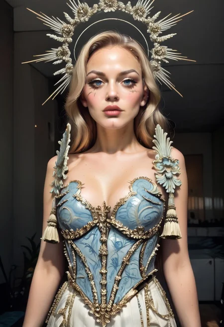 score_9, score_8_up, score_7_up, rating_safe, concept art, realistic, Fixhand.
1girl, solo, cute face, sexy face.
((Long hair)), ((Blue eyes)), open eyes.
((porcelain corset)).