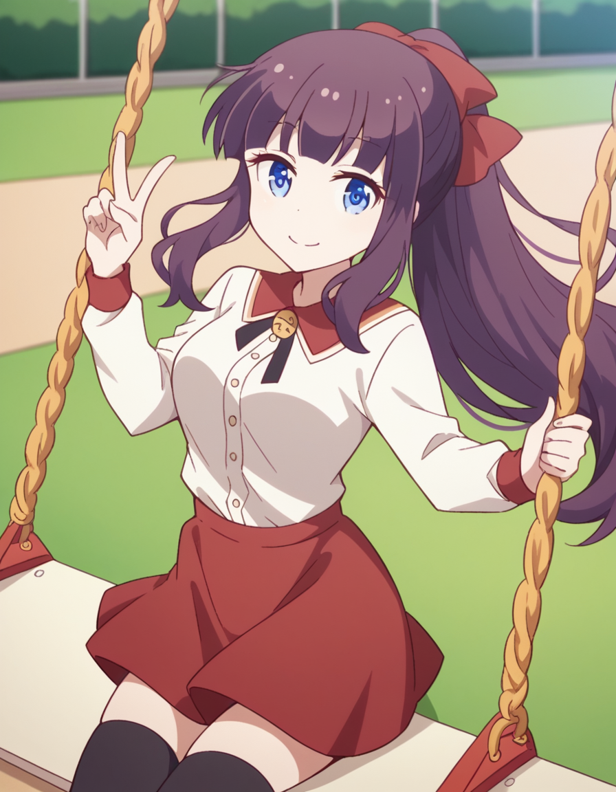 score_9, score_8_up, score_7_up, source_anime, <lora:hifumi-takimoto-s2-ponyxl-lora-nochekaiser:1>, hifumi takemoto, long hair, bangs, blue eyes, bow, ponytail, purple hair, hair bow, medium breasts, skirt, shirt, thighhighs, white shirt, black thighhighs, red skirt,, public park, playground, swing set, laughter, sunny day, smile, looking at viewer, v, v over eyes,, solo,, cowboy shot, dutch angle