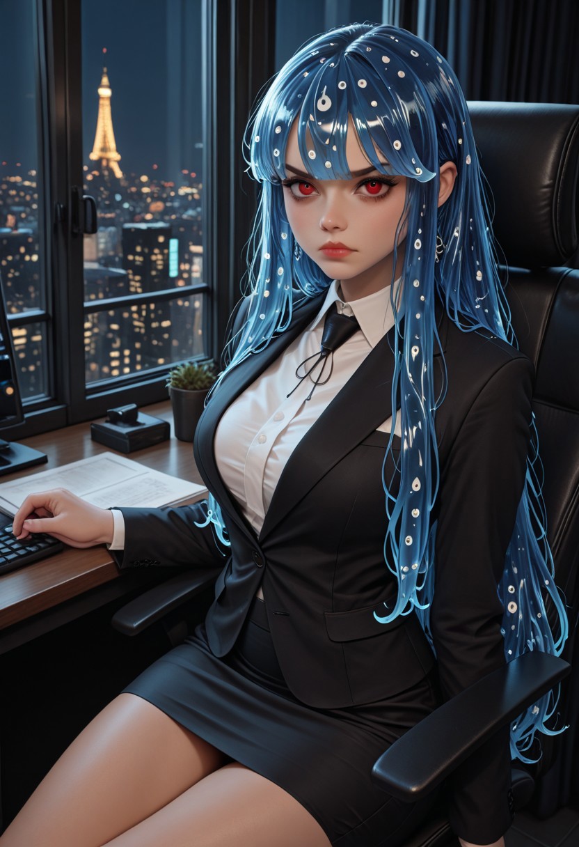 ultra-detailed,masterpiece, best quality, good quality, 8k,beautiful eyes, detailed eyes, detailed face, scenery,beautiful detailed hair, beautiful detailed eyes, beautiful detailed face, dynamic lighting, super detailed skin, sharp focus, uncensored,
BREAK
hlbao, liquid hair, very long straight hair, bangs blue hair, red eyes, skirt, shirt, long sleeves, jewelry, black jacket, white shirt, formal, suit, pencil skirt, office lady, annoyed, 
BREAK
Office, Sitting in a chair behind a desk,
BREAK
Large window showing a cityscape at night, dark theme, 
BREAK
artist:moriimee,  <lora:MoriiMee_Gothic_Niji_Style_Illustrious_r1:0.6>, <lora:PowerPuffMixLora:0.5>,
BREAK