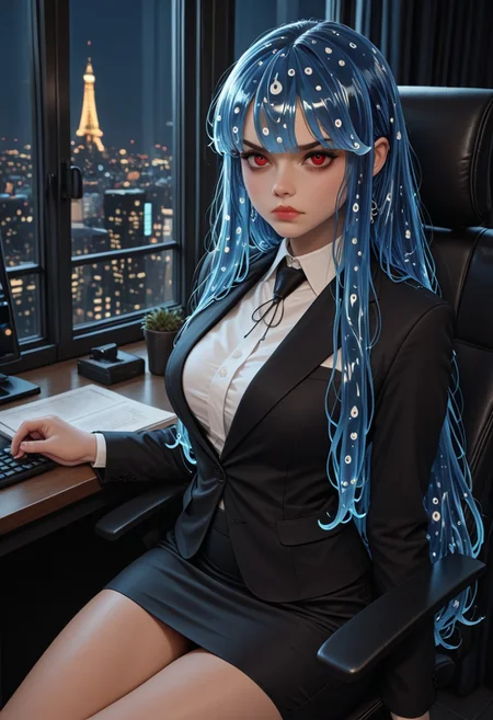 ultra-detailed,masterpiece, best quality, good quality, 8k,beautiful eyes, detailed eyes, detailed face, scenery,beautiful detailed hair, beautiful detailed eyes, beautiful detailed face, dynamic lighting, super detailed skin, sharp focus, uncensored,
BREAK
hlbao, liquid hair, very long straight hair, bangs blue hair, red eyes, skirt, shirt, long sleeves, jewelry, black jacket, white shirt, formal, suit, pencil skirt, office lady, annoyed,
BREAK
Office, Sitting in a chair behind a desk,
BREAK
Large window showing a cityscape at night, dark theme,
BREAK
artist:moriimee, <lora:MoriiMee_Gothic_Niji_Style_Illustrious_r1:0.6>, <lora:PowerPuffMixLora:0.5>,
BREAK