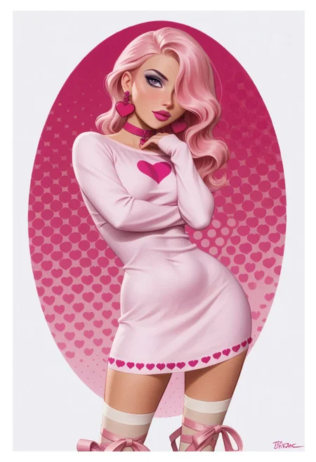score_9, score_8_up, score_8_up, btimmsketch, (cowboy shot:1.1),
1girl, venusmwatgg, 1girl, solo, pink hair, hair covering one eye, purple eyes, purple eyeshadow, hot pink lipstick, heart earrings, hot pink choker, pink dress, long sleeves, pink leg ribbons, white stockings, pink roller skates,
sexy pose, halftone effect, white borders, abstract background:1.2