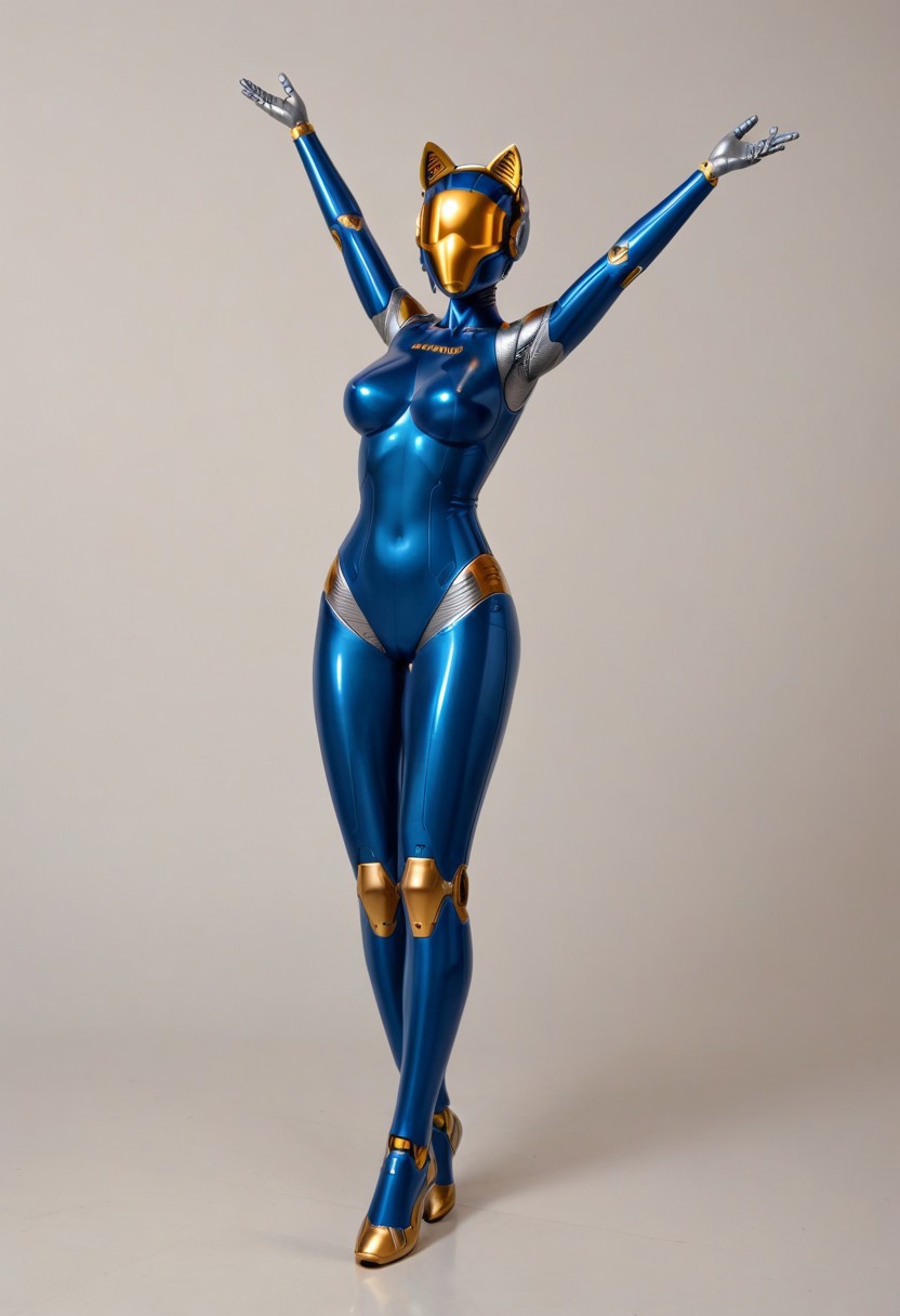 solo, A 35mm full length photo of  a beautiful 20 year old woman, she is a humanoid robot , robotic body, freckles, smooth featureless grey robotic skin, robotic aerials, metallic dark blue hair, elegant metallic blue latex bodysuit with gold trim, catlike robotic ears, catlike robotic nose, catlike robotic eyes, jetpack, flying through the sky
TheFaceLess, mannequin, faceless, egghead