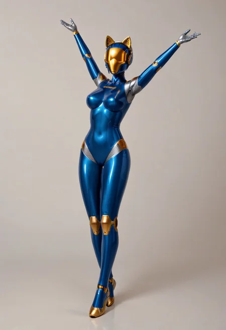 solo, A 35mm full length photo of a beautiful 20 year old woman, she is a humanoid robot , robotic body, freckles, smooth featureless grey robotic skin, robotic aerials, metallic dark blue hair, elegant metallic blue latex bodysuit with gold trim, catlike robotic ears, catlike robotic nose, catlike robotic eyes, jetpack, flying through the sky
TheFaceLess, mannequin, faceless, egghead