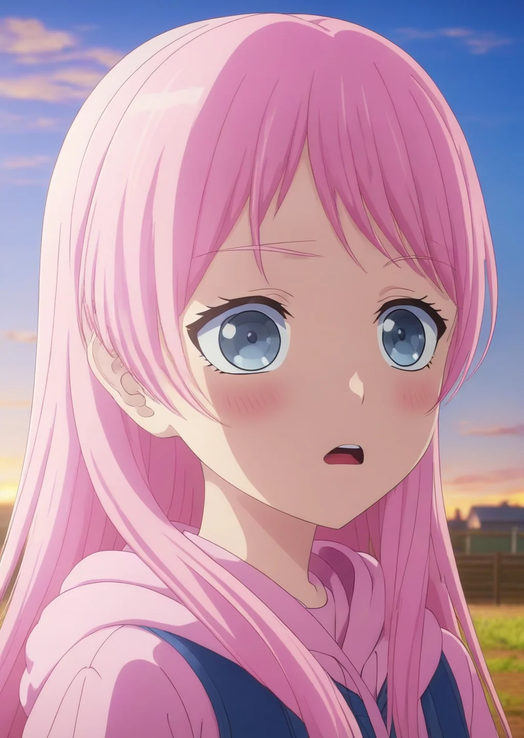 masterpiece, 1girl, bangs, blue eyes, blush, (cowboy shot:1.3), pink hair, aesthetic pink hair, light blue eyes, high detail, highly detailed eyes, beautiful eyes, looking at the camera, (adult:1.3), embarassed look, (cowboy shot, far shot, wide shot, :o, facing the viewer:1.4), open mouth, headband, pink hoodie, pink sweater, (sad, full body:1.3) <lora:AnonXL:0.7>, high quality, best quality, masterpiece, best rendering, animated by Kyoto Animation, animated by ufotable, animated by A-1 Pictures