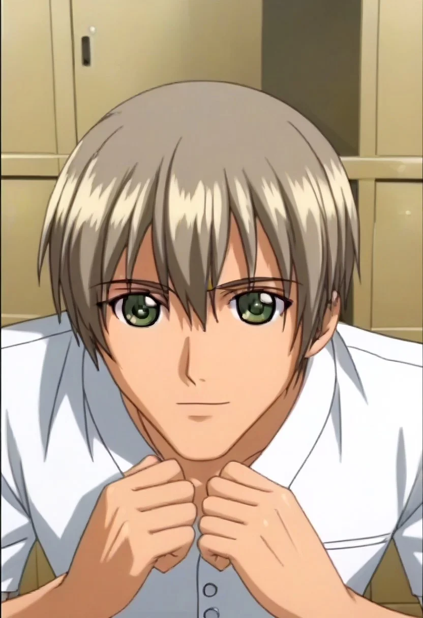((masterpiece)), ((best quality)), ((ultra-detailed)), ((absurdres)), score_9_up, score_8_up, score_7_up,
HD, top quality, best quality, amazing quality, High-quality illustrations, anime screencap, source_anime, best aesthetic, perfect proportions, perfect eyes, 1boy, 1male, solo boy, solo male, male focus, solo male focus, Anime, boy, male anime character, anime boy, handsome, sexy, cute, charming, ((looking at front, looking at viewer)), ((front shot, front view, view from front)), Hajime Saisho, gray-brown hair, dark green eyes, white polo shirt, updn, easynegative, Expressiveh, neghands, ((face shot, face only shot, face focus)), ((locker room))
