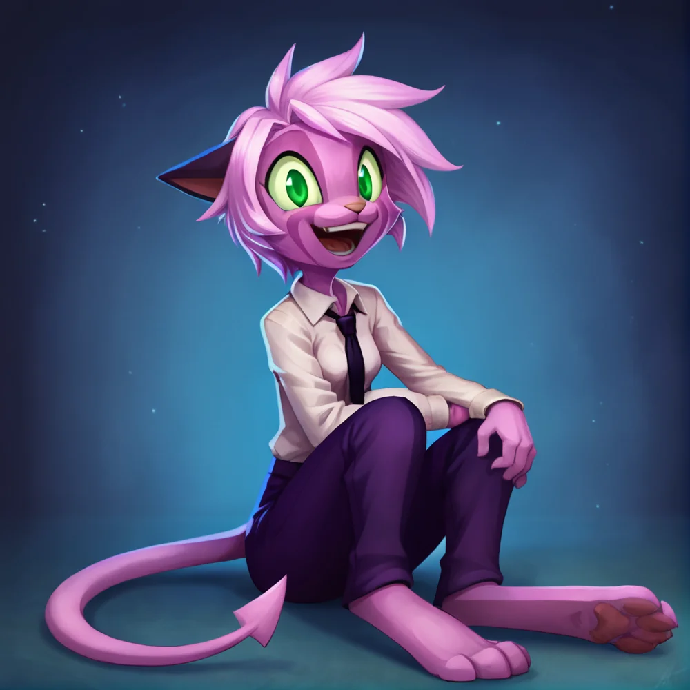 score_9, score_8_up, score_7_up, source_anime, BREAK <lora:namah_calah_pony:0.8>,
namah_calah, 1girl,solo, green eyes, solo, sitting, necktie, smile, furry, open mouth, pants, animal ears, pink skin