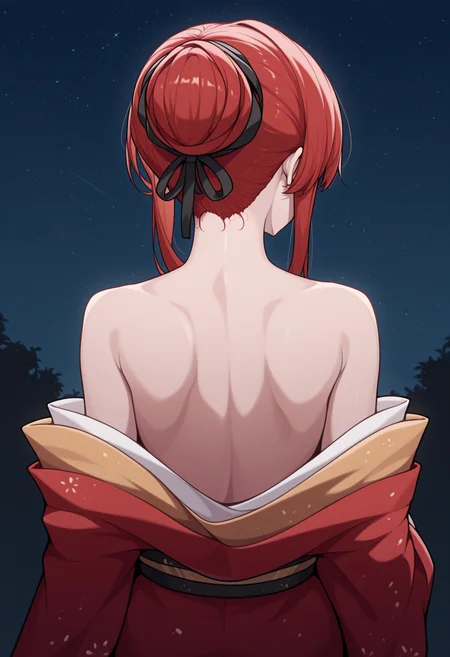 masterpiece, best quality, 1girl, solo, MonarchAL, red hair, hair bun, sidelocks, black hair ribbon, from behind, off-shoulder kimono, bare shoulders, nape, shoulder blades, outdoors, starry sky, night, high contrast, <lora:ChamMonarchIllustriousXL:1>
