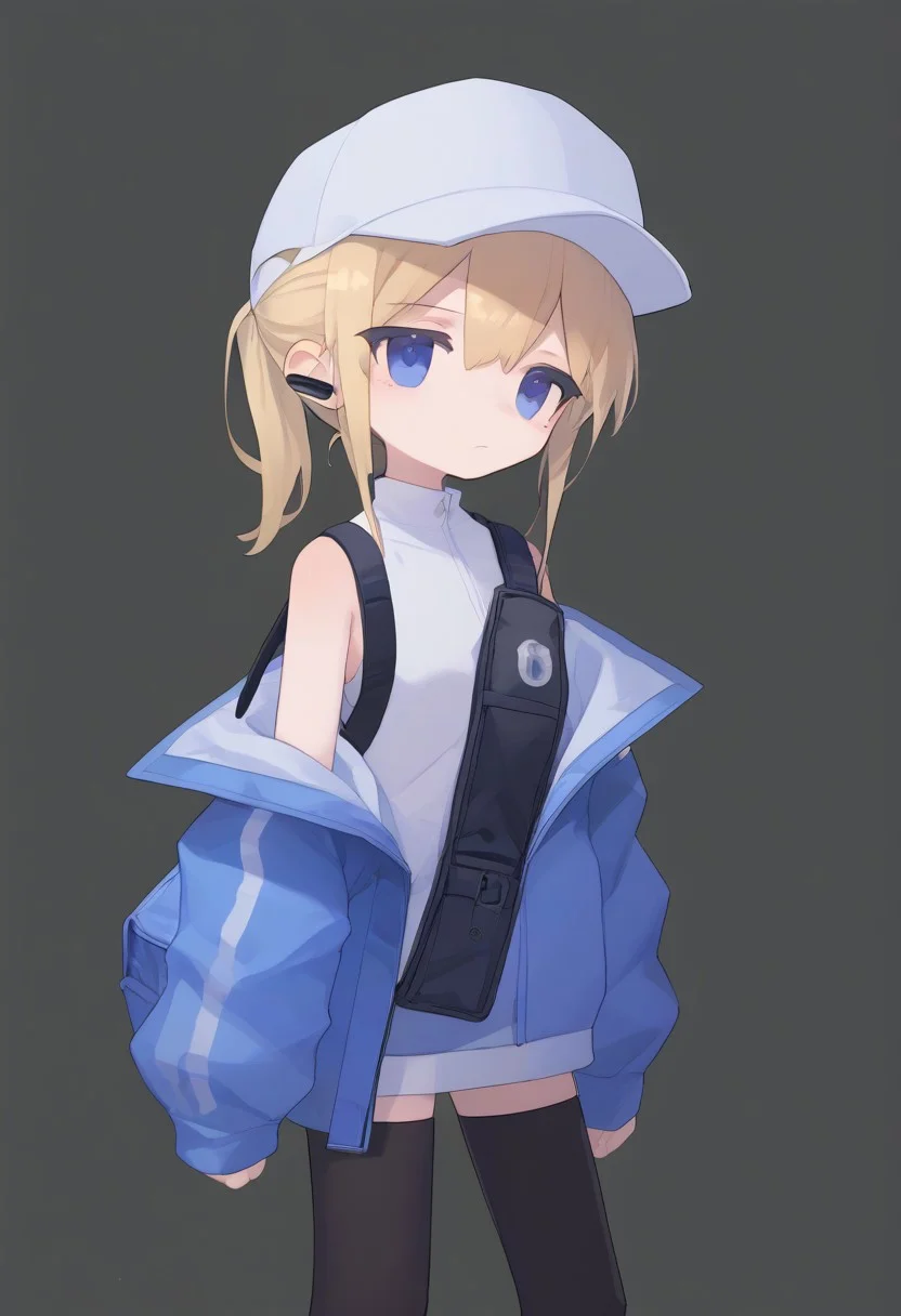 score_9, score_7_up, source_anime, BREAK, standing, simple background, expressionless, ponytail, blonde hair, blue eyes, hat, earpiece, long sleeve, off-shoulder jacket, bag, leggings, kneepad