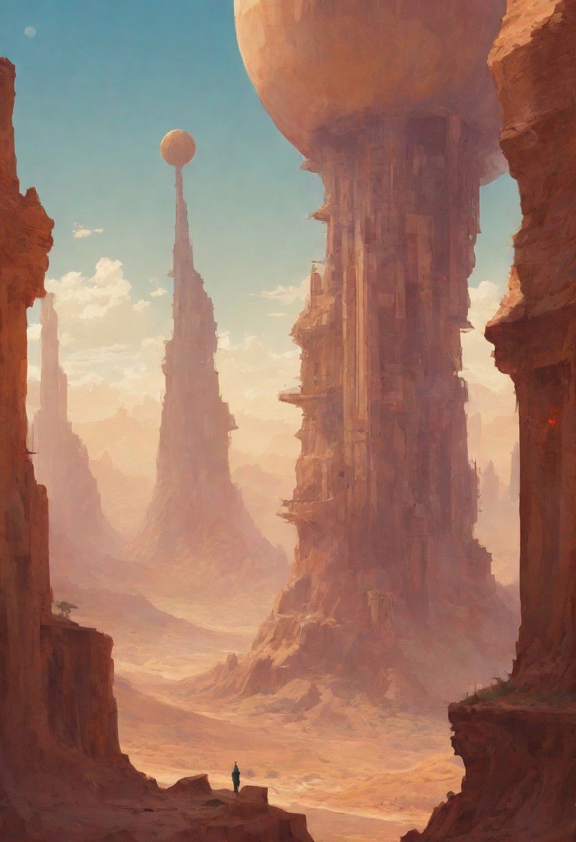 celestial sky, Loish, Leyendecker, james gilleard, celestial, ethereal, massive structure in distance, giant city, lost in desert