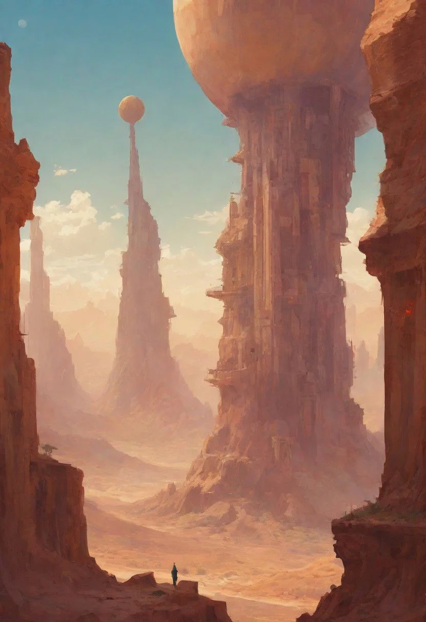 celestial sky, Loish, Leyendecker, james gilleard, celestial, ethereal, massive structure in distance, giant city, lost in desert