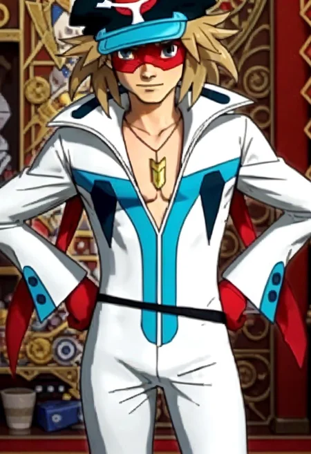 ((masterpiece)), ((best quality)), ((ultra-detailed)), ((absurdres)), score_9_up, score_8_up, score_7_up,
HD, top quality, best quality, amazing quality, High-quality illustrations, anime screencap, source_anime, best aesthetic, perfect proportions, perfect eyes, 1boy, 1male, solo boy, solo male, male focus, solo male focus, Anime, boy, male anime character, anime boy, handsome, sexy, cute, charming, ((tall body, tall height)), ((slender body, slim body)), Gan Takada, blonde hair, blue eyes, red eye mask, red ribbons, hat, white jumpsuit, necklace, red gloves, thin black belt, ((cowboy shot, head to hips shot)), ((hands on hips pose)), easynegative, updn, Expressiveh, masterpiece, best quality, very aesthetic, absurdres