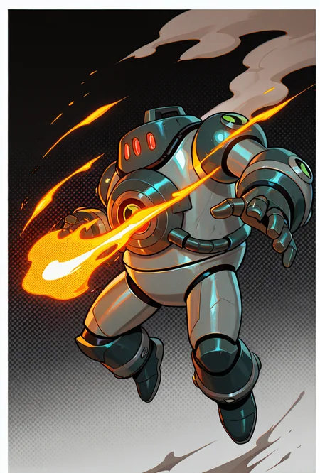 <lora:nrg-06:1> nrg, solo, robot, no humans, armor, red eyes, 3 eyes, dynamic pose, shooting fire, full body, smoke,, masterpiece, best quality, amazing quality, very aesthetic, absurdres, newest,, upper body, halftone effect, white borders, abstract background:1.2,