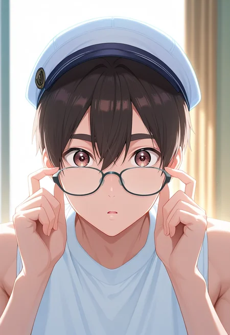 masterpiece, best quality, , (photorealistic:0.6), looking at viewer, 1boy, solo, male focus, <lora:rentarou_aijou_ilxl:0.9>, rentarou_aijou, black hair, brown eyes, short hair, hair between eyes, bangs, adjusting glasses, confused expression, looking off, standing pose, bright lighting, sleeveless shirt, scally cap