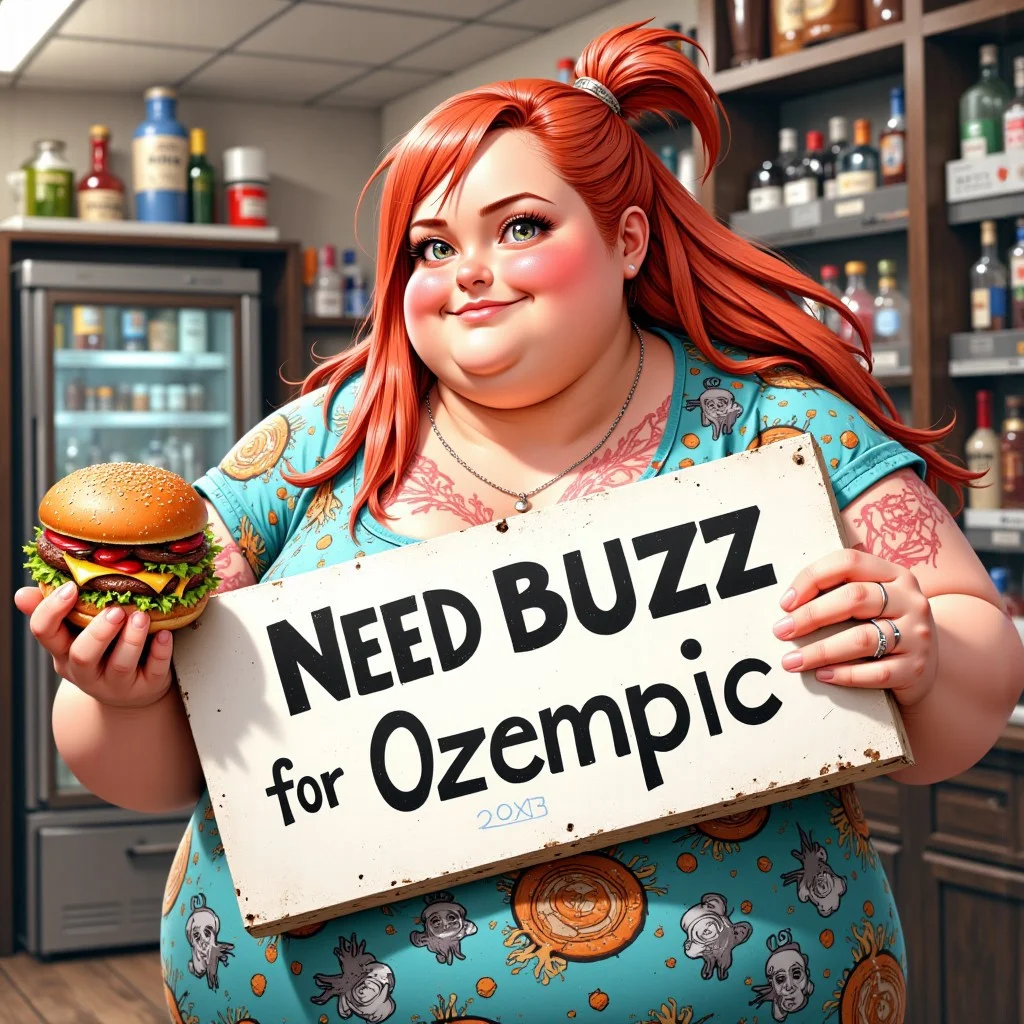 An overweight anime woman holds a sign that says need buzz for Ozempic and a burger in the other hand.