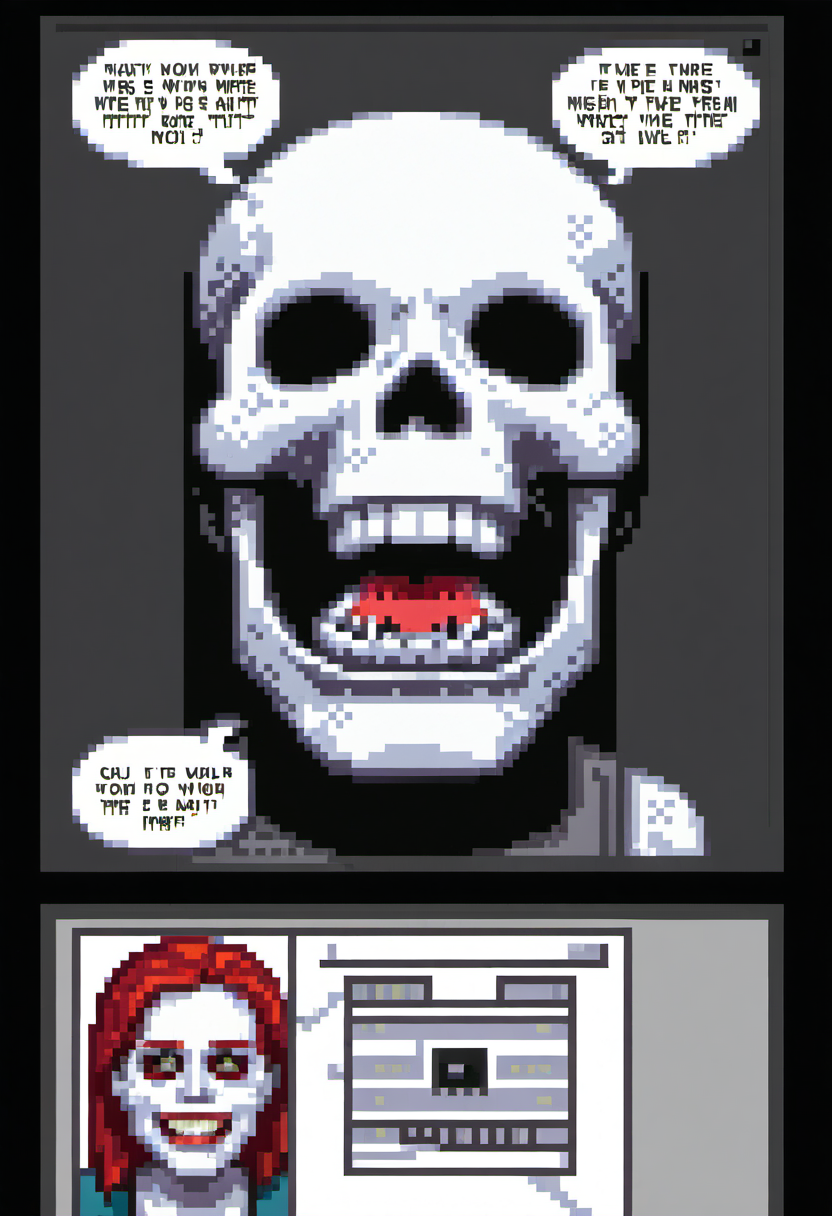 pixel art, digital art, A single comic strip panel showing an artist sketching a grinning skull on paperâonly for the real-life version of the skull to emerge from the page and laugh at them! The artist drops their pen in shock while speech bubbles read âIâm your muse now!â style bold comic book art with exaggerated expressions and dynamic line work in black-and-white ink wash tones accented by red highlights on the skullâs grin. theme creativityâs dark side, humor in fear of oneâs creations coming alive.