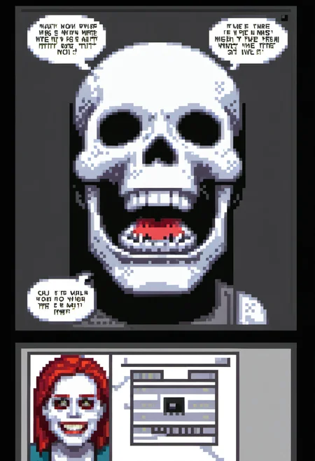 pixel art, digital art, A single comic strip panel showing an artist sketching a grinning skull on paperâonly for the real-life version of the skull to emerge from the page and laugh at them! The artist drops their pen in shock while speech bubbles read âIâm your muse now!â style bold comic book art with exaggerated expressions and dynamic line work in black-and-white ink wash tones accented by red highlights on the skullâs grin. theme creativityâs dark side, humor in fear of oneâs creations coming alive.