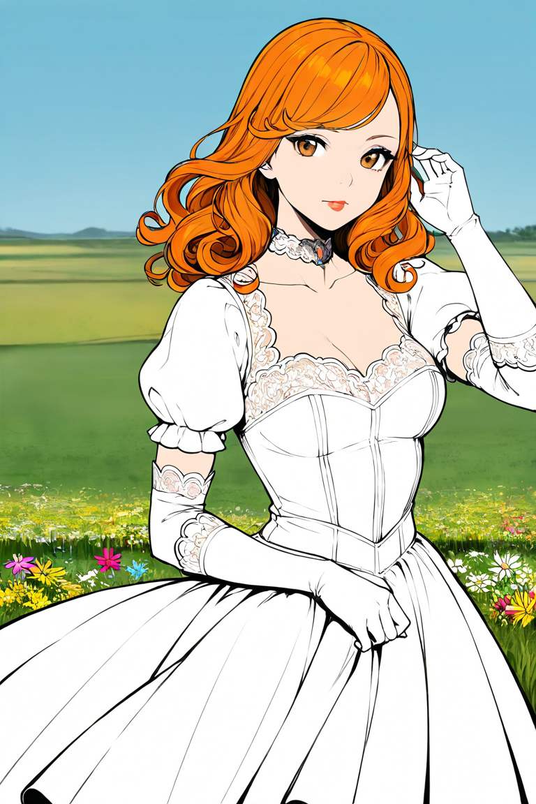 masterpiece, best quality, highres, newest, lineart, flat color, 1girl, solo, medium hair, curly hair, wavy hair, orange hair, swept bangs, brown eyes, lips, lipstick, looking at viewer, medium breasts, choker, medium dress, white dress, lace trim, puffy sleeves, puffy short sleeves, short sleeves, gloves, elbow gloves, white gloves, hand up, cowboy shot, closed mouth, standing, outdoors, field, flower, grass, plant, sky <lora:LineArt White [LoRA] - NoobAI-XL EPS 1.0:0.8>