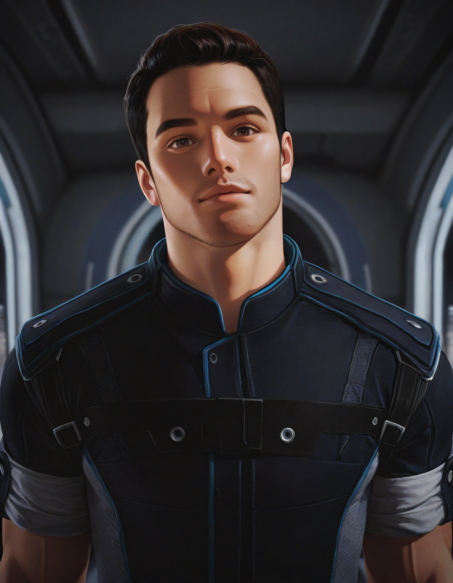 masterpiece, best quality, newest, perfect quality, best quality, detailed background, intricate details, male focus, solo, photorealistic, <lora:Mass Effect - Kaidan Alenko - Illustrious-000006:0.7>, mekalenko, 1boy, dark brown hair, short hair, thick stubble, brown eyes, looking at viewer, space station interior, uniform shirt, sleeves rolled up, head tilt towards viewer, standing, portrait