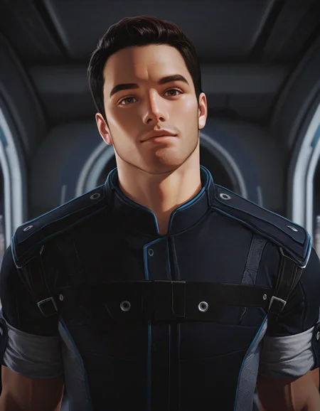 masterpiece, best quality, newest, perfect quality, best quality, detailed background, intricate details, male focus, solo, photorealistic, <lora:Mass Effect - Kaidan Alenko - Illustrious-000006:0.7>, mekalenko, 1boy, dark brown hair, short hair, thick stubble, brown eyes, looking at viewer, space station interior, uniform shirt, sleeves rolled up, head tilt towards viewer, standing, portrait