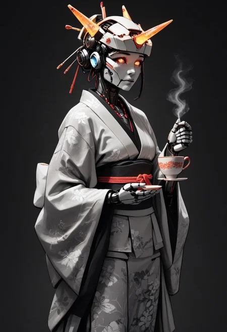 score_9, score_8_up, score_7_up, source_anime,
1girl, solo, looking at viewer, japanese, kimono, head-mounted horn, glowing, humanoid robot, geisha, holding a steaming cup of tea, asdfm3cha
, science fiction,, asdfm3cha, monochrome, glow, neon
WORLD MORPH MATCHES, FIRE, monochrome, glow, neon, asdfm3cha