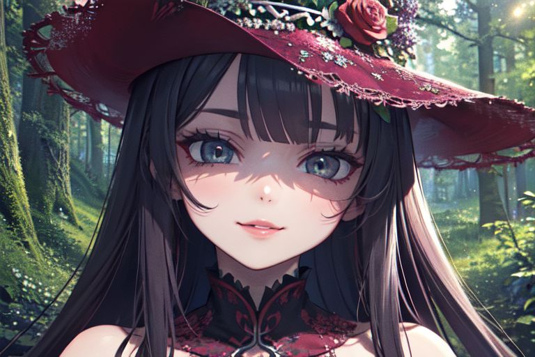 (masterpiece:1.4), 4K8K, (anime style), (high shutterspeed:1.4), (sharp edges), 
SyFyEye1, 
1woman  hands togather,  leaning foward, face focus, smile, closed mouth, 
wearing Celtic style dress, (Detailed face, Detailed eyes, Detailed lips), 
any colored roses, Fantastic Forest in the background,