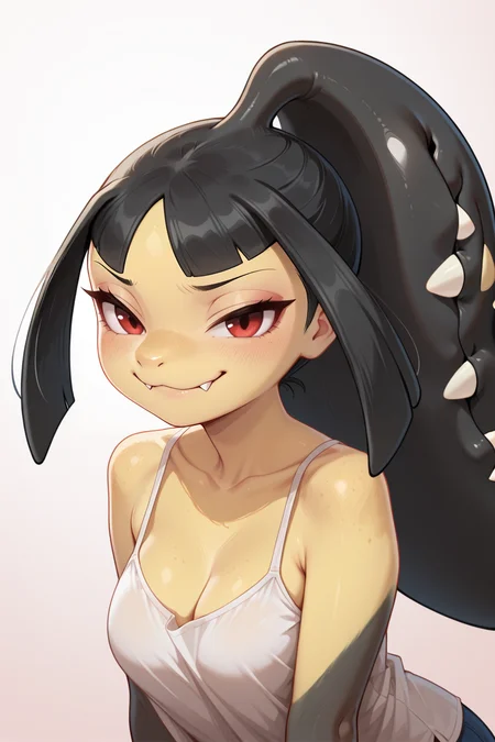 masterpiece, best quality, amazing quality, very aesthetic, detailed eyes, 2d, toony, simple drawing, BREAK, solo, 1girl, mawile, anthro, cute fangs, black hair, red eyes, eyeliner, sidelocks, colored skin, yellow skin, two-tone skin, black skin, extra mouth, long hair, smug, looking at viewer, gradient background, <lora:Mawile (illust):1>
